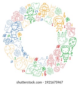 Vector pattern. Kindergarten and toys. Little children game. Kids playground. Education, creativity, imagination.