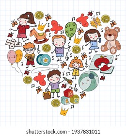 Vector pattern. Kindergarten and toys. Little children game. Kids playground. Education, creativity, imagination.