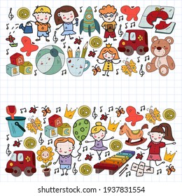 Vector pattern. Kindergarten and toys. Little children game. Kids playground. Education, creativity, imagination.