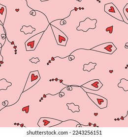 Vector pattern of kites with hearts in the sky in doodle style.