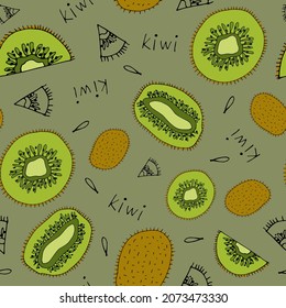 Vector pattern of the kiwi halves. Tropical fruit. Hand-drawn. Design of posters, postcards, invitations, holiday decoration, decor, fabric, textile.