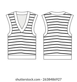 Vector pattern of knitted vest, in stripes. Fashion vest template, front and back view. Outline template of summer knitted sleeveless vest.