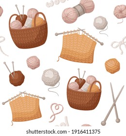 Vector pattern with knitting tools and wool yarn in cartoon style. Ornament for design paper, fabric, cover and others. 