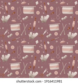 Vector pattern with knitting tools and wool yarn in cartoon style. Ornament for design paper, fabric, cover and others. 
