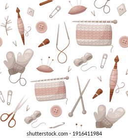 Vector pattern with knitting tools and wool yarn in cartoon style. Ornament for design paper, fabric, cover and others. 