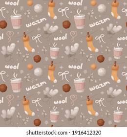 Vector pattern with knitting tools and wool yarn in cartoon style. Ornament for design paper, fabric, cover and others. 