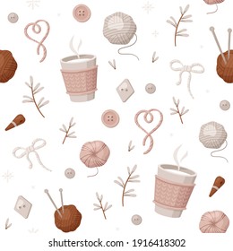 Vector pattern with knitting tools and wool yarn in cartoon style. Ornament for design paper, fabric, cover and others. 