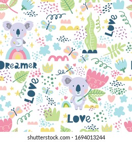 Vector pattern with koalas with the inscription Dreamers and Love. Seamless pattern perfect for  wallpaper background, wrapping paper, fabric, postcards, posters and so on.  