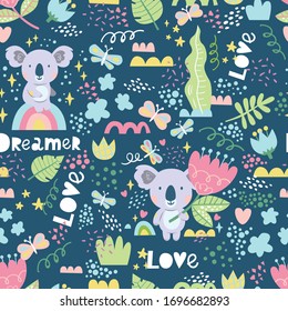Vector pattern with koalas with the inscription Dreamers and Love. Seamless pattern perfect for  wallpaper background, wrapping paper, fabric, postcards, posters and so on.  