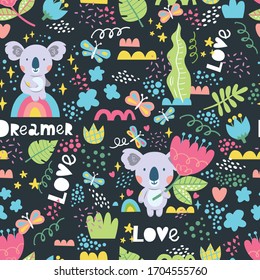 Vector pattern with koalas with the inscription Dreamers and Love. Seamless pattern perfect for  wallpaper background, wrapping paper, fabric, postcards, posters and so on.  