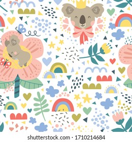 Vector pattern with koalas, rainbow, butterflies, flowers, etc. Seamless pattern perfect for  wallpaper background, wrapping paper, fabric, postcards, posters and so on.  