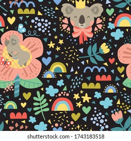 Vector pattern with koalas, rainbow, butterflies, flowers, etc. Seamless pattern perfect for wallpaper background, wrapping paper, fabric, postcards, posters and so on. 