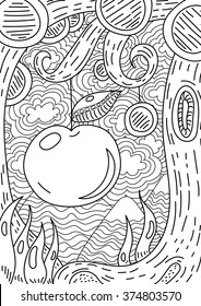 Vector pattern with landscape. apple on tree . Coloring book page for adult and kids. A4 format