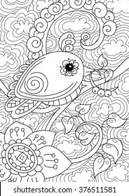 Vector pattern with landscape and bird on the tree. Coloring book page for adult and kids. A4 format