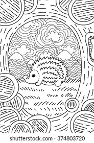 Vector pattern with landscape. Hedgehog on the Hedgehog. Coloring book page for adult and kids. A4 format