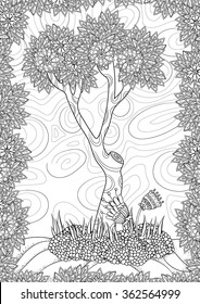 Vector pattern. Landscape with tree and flowers. Coloring book page for adult. A4 format