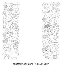 Vector pattern for language class, online courses. English, arabic, italian, japanese, spanish, chinese, german.