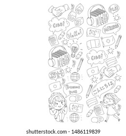 Vector pattern for language class, online courses. English, arabic, italian, japanese, spanish, chinese, german.