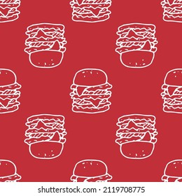 Vektorgrafik eines großen Hamburgers auf Rot. Nahtlose Burger-Muster, im Doodle-Stil, weiße Umrisse auf Rot, Menüdesign-Vorlage. Hamburger mit Fastfood-Ikone mit zwei Kuchen und Käsesorten