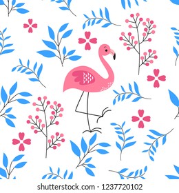 vector pattern of leafs and flamingo bird