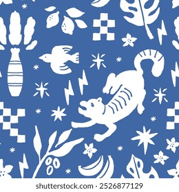Vector pattern with leaping tigers and abstract motifs, isolated on a white background. Ideal for wallpaper, textiles, or print design.