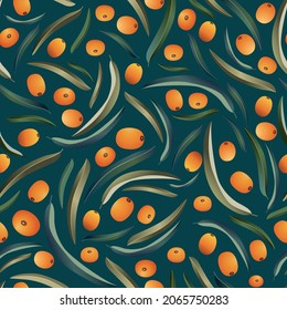 Vector pattern with leaves and berries of sea buckthorn.