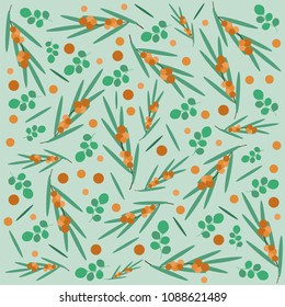 vector pattern with leaves and berries of sea-buckthorn on a turquoise background