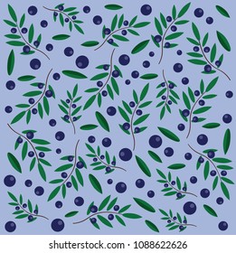 vector pattern with leaves and blueberries on a blue background