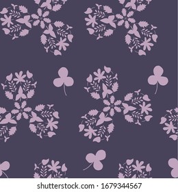 Vector pattern of leaves folded in the form of a trefoil. Elegant purple colors.Hand drawn floral seamless pattern and backdrop.Сan be used for wallpaper, pattern fills, background, surface textures.