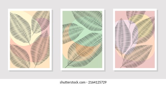 Vector pattern with leaves on abstract spots, wall decor. A set of images for printing paintings, postcards, business cards or posters