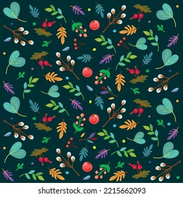 Vector pattern with leaves on a dark background. Winter time. Vector illustration. Background for fabric, wallpaper, design. Children's illustration.