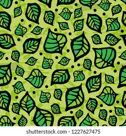 Vector pattern with leaves on green background. Seamless pattern can be used for wallpaper, pattern fills, web page background, surface textures.