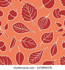 Vector pattern with leaves. Seamless autumn ornament. Fall season background. Nuts, acorns, leaves, berries, mushrooms.