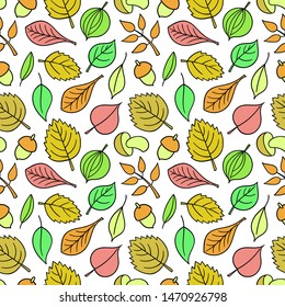 Vector pattern with leaves. Seamless autumn ornament. Fall season background. Nuts, acorns, leaves, berries, mushrooms.