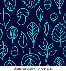 Vector pattern with leaves. Seamless autumn ornament. Fall season background. Nuts, acorns, leaves, berries, mushrooms.