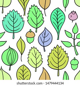 Vector pattern with leaves. Seamless autumn ornament. Fall season background. Nuts, acorns, leaves, berries, mushrooms.