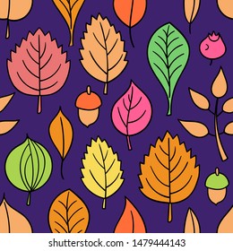 Vector pattern with leaves. Seamless autumn ornament. Fall season background. Nuts, acorns, leaves, berries, mushrooms.