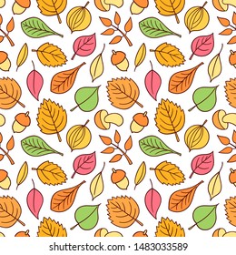 Vector pattern with leaves. Seamless autumn ornament. Fall season background. Nuts, acorns, leaves, berries, mushrooms.