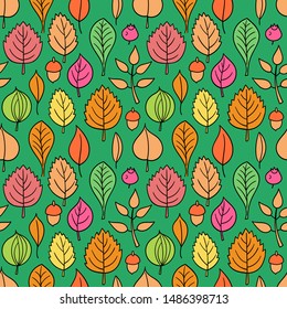 Vector pattern with leaves. Seamless autumn ornament. Fall season background. Nuts, acorns, leaves, berries, mushrooms.
