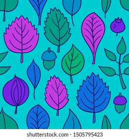 Vector pattern with leaves. Seamless autumn ornament. Fall season background. Nuts, acorns, leaves, berries, mushrooms.