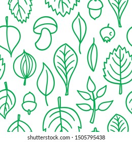 Vector pattern with leaves. Seamless autumn ornament. Fall season background. Nuts, acorns, leaves, berries, mushrooms.