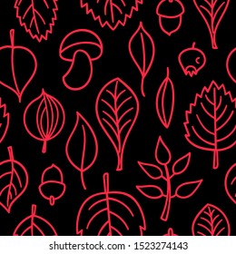 Vector pattern with leaves. Seamless autumn ornament. Fall season background. Nuts, acorns, leaves, berries, mushrooms.