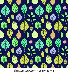 Vector pattern with leaves. Seamless autumn ornament. Fall season background. Nuts, acorns, leaves, berries, mushrooms.