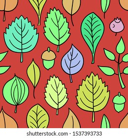Vector pattern with leaves. Seamless autumn ornament. Fall season background. Nuts, acorns, leaves, berries, mushrooms.