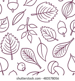Vector pattern with leaves. Seamless autumn ornament. Fall season background. Nuts, acorns, leaves, berries, mushrooms.