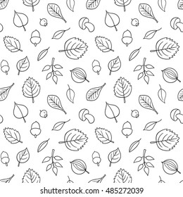 Vector pattern with leaves. Seamless autumn ornament. Fall season background. Nuts, acorns, leaves, berries, mushrooms.