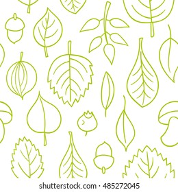 Vector pattern with leaves. Seamless autumn ornament. Fall season background. Nuts, acorns, leaves, berries, mushrooms.