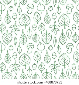 Vector pattern with leaves. Seamless autumn ornament. Fall season background. Nuts, acorns, leaves, berries, mushrooms.