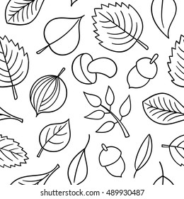 Vector pattern with leaves. Seamless autumn ornament. Fall season background. Nuts, acorns, leaves, berries, mushrooms.