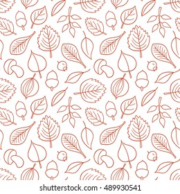 Vector Pattern With Leaves. Seamless Autumn Ornament. Fall Season Background. Nuts, Acorns, Leaves, Berries, Mushrooms.